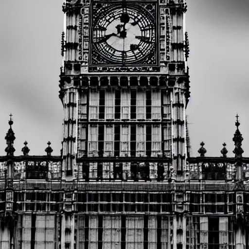 Image similar to Black and White photo of steampunk airship docking at Big Ben