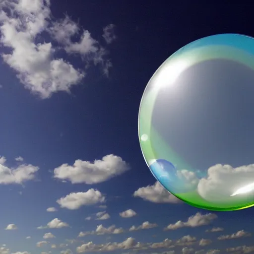 Image similar to A photograph of the Windows XP Bliss wallpaper inside of a giant floating soap bubble, floating in a blue and cloudy sky.