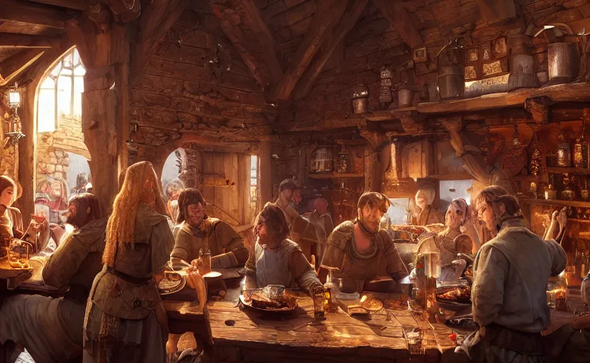 Image similar to highly detailed portrait of a medieval tavern, in disney, stephen bliss, unreal engine, fantasy art by greg rutkowski, loish, rhads, ferdinand knab, makoto shinkai and lois van baarle, ilya kuvshinov, rossdraws, tom bagshaw, global illumination, radiant light, detailed and intricate environment