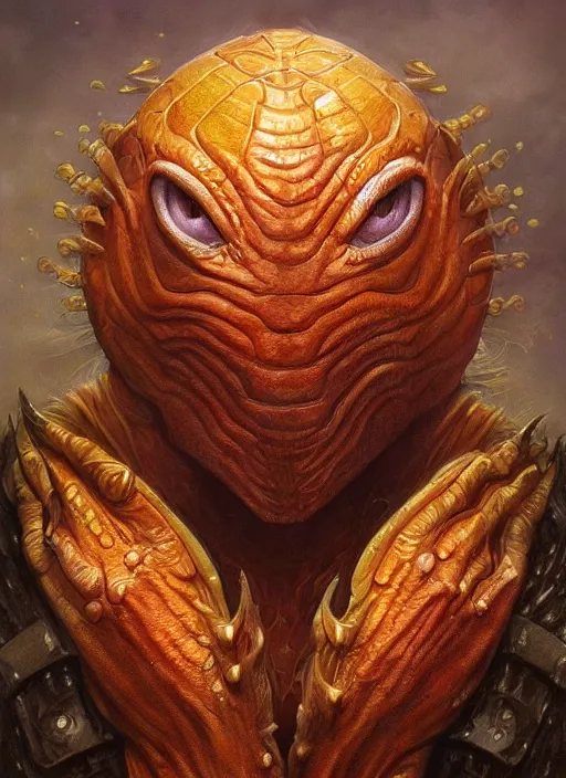 Image similar to aquatic mf doom reptile eyes, orange skin. intricate, elegant, highly detailed, centered, digital painting, artstation, concept art, smooth, sharp focus, illustration, artgerm, tomasz alen kopera, peter mohrbacher, donato giancola, joseph christian leyendecker, wlop, frank frazetta