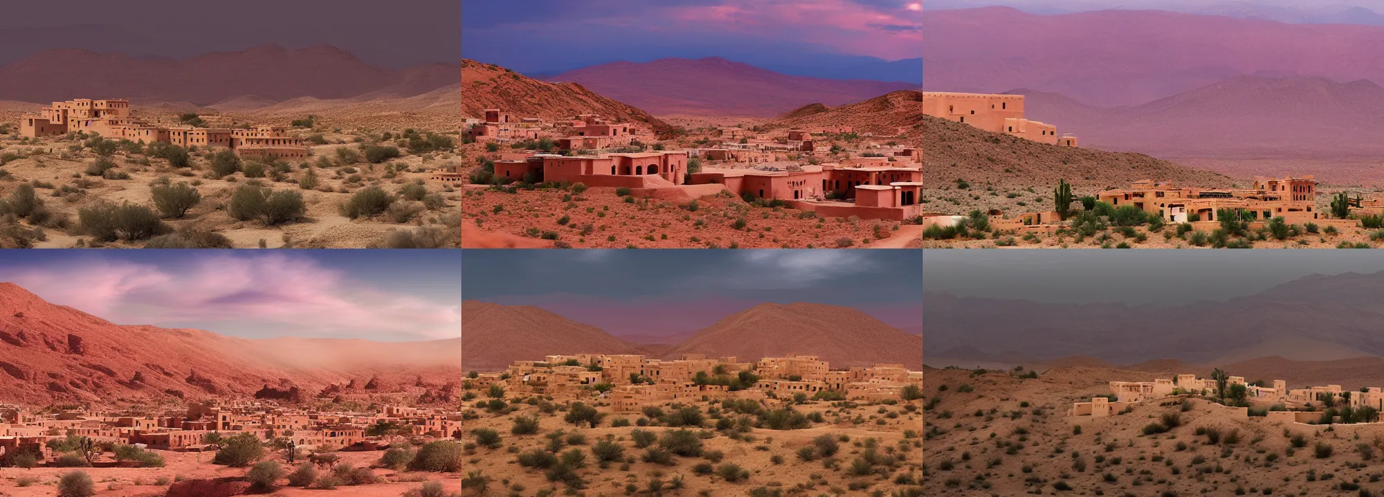 Prompt: scenic view of a Kasbah town atop a flat topped red hill, in the Nevada desert, overcast dusk, fewer buildings around the hill, matte painting in the style of marc somonetti and james gurney