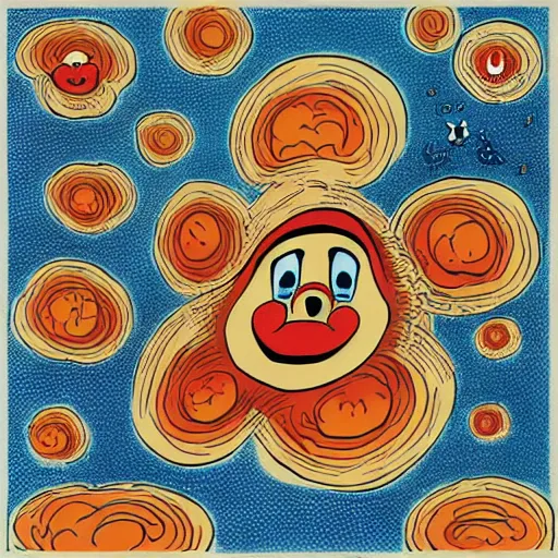 Image similar to an atomic explosion mushroom cloud that looks like a clown and is made of many smaller clowns recursive