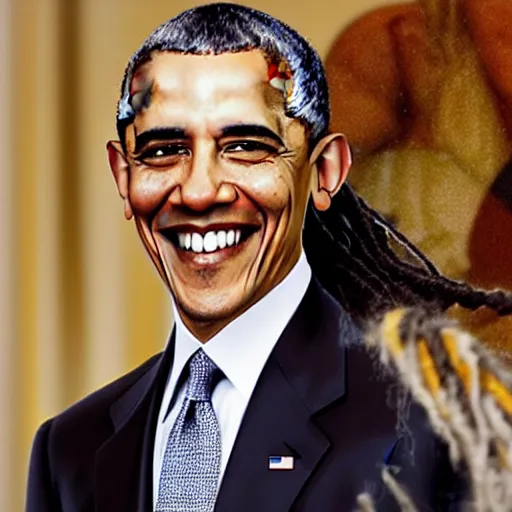 Prompt: photo of barack obama with long dread locks hair