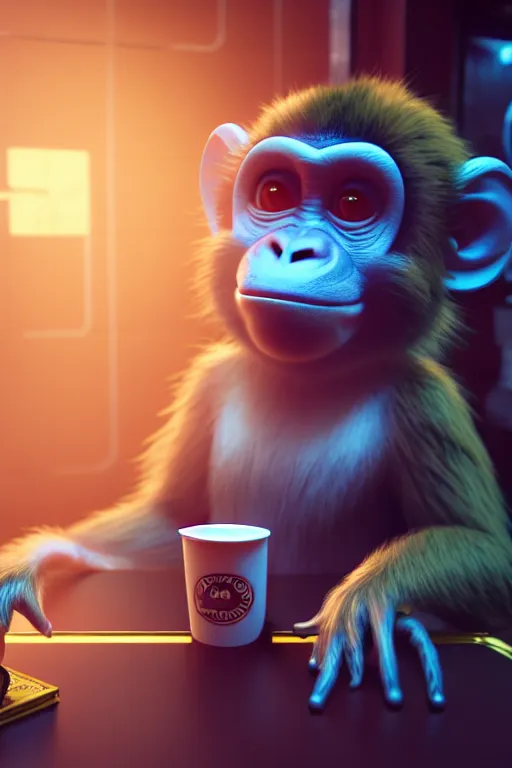 Image similar to high quality 3 d render very cute monkey! with large cup of coffee!, cyberpunk highly detailed, unreal engine cinematic smooth, in the style of blade runner & detective pikachu, hannah yata charlie immer, moody light, low angle, uhd 8 k, sharp focus