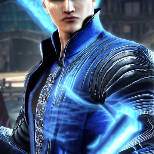 Image similar to Vergil, son of Sparda, beautiful, game screenshot, detailed face, aesthetic, realistic, soft lights