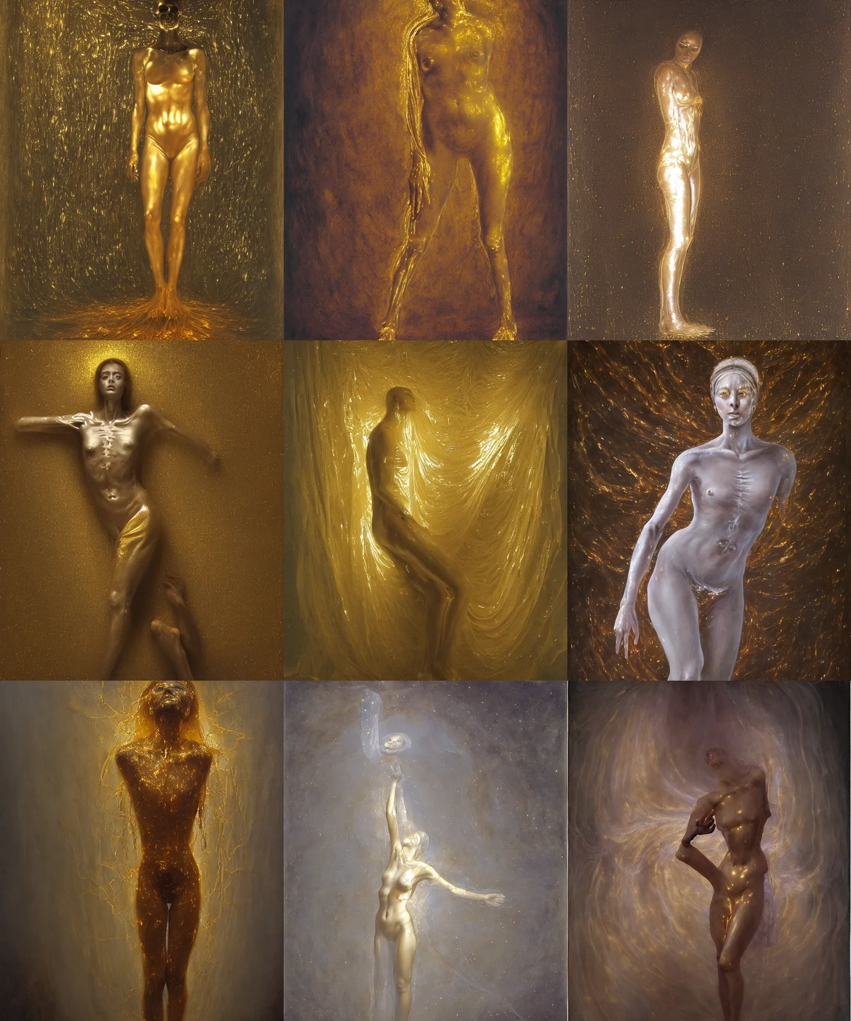 Image similar to Beautiful full-body wax sculpture of glowing transparent woman in glowing cloth with visible gold bones covered with melted white wax inside the singularity where stars becoming baroque folds of dark matter by Michelangelo da Caravaggio, Nicola Samori, William Blake, Alex Grey and Beksinski, dramatic volumetric lighting, highly detailed oil painting, 8k, masterpiece