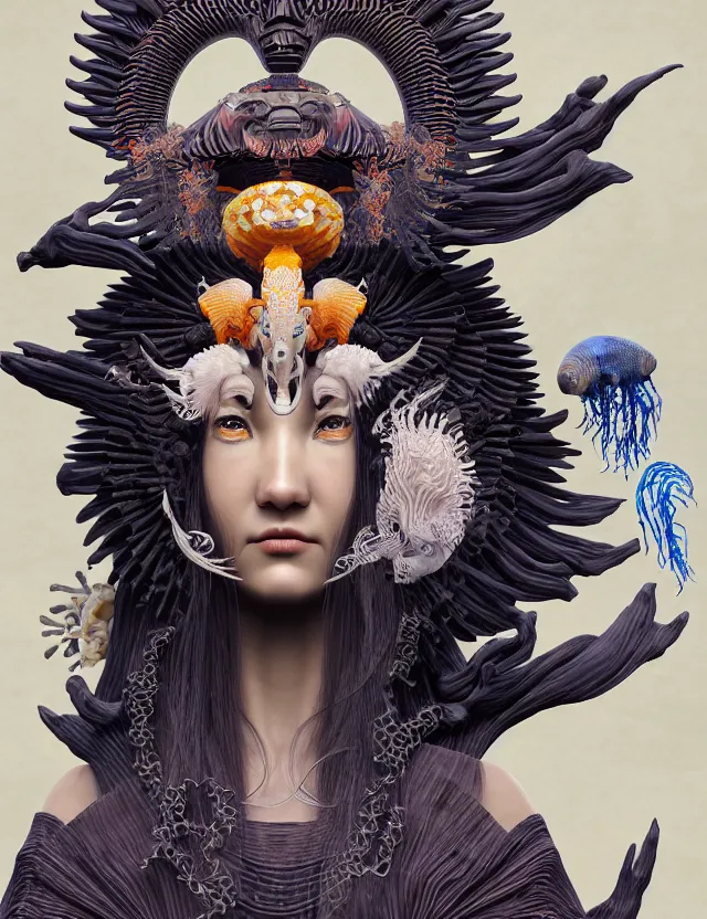 Image similar to 3 d goddess close - up 3 / 4 portrait with ram skull. beautiful intricately detailed japanese crow kitsune mask and clasical japanese kimono. betta fish, jellyfish phoenix, bio luminescent, plasma, ice, water, wind, creature, artwork by tooth wu and wlop and beeple and greg rutkowski