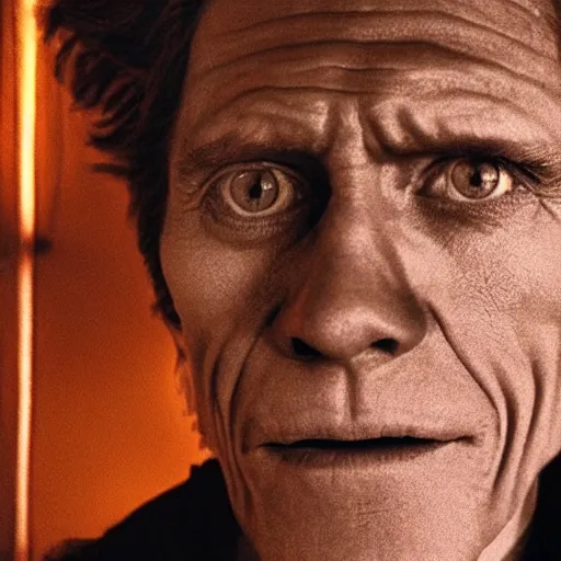 Image similar to willem dafoe face in the night sky, ominous, spooky, cinematic, hyperrealistic