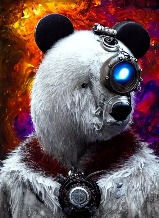 Image similar to white furry polar bear, steampunk googles, highly detailed, unreal engine 5, cinematic, 8 k, by megan duncanson, benjamin lacombe, adrian borda, stanley artgermm, tom bagshaw, craig mullins, carne griffiths, ayami kojima, beksinski, giger, trending on deviantart, hyper detailed, horror, full of colour