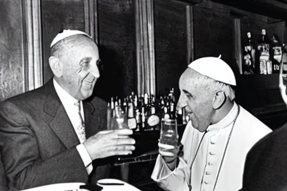 Image similar to a 1 9 5 0 s photo of the pope drinking at a bar