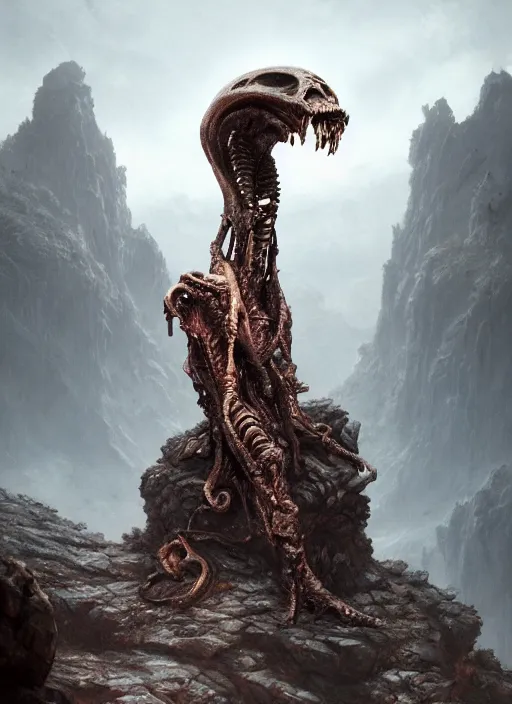 Prompt: hyper realistic photography of intricate horrific alien bone god sitting on ruined ornamented rock throne in a rocky cave detailed, greg rutkowski, ross tran, moebius, lovecraft, artstation, cgsociety