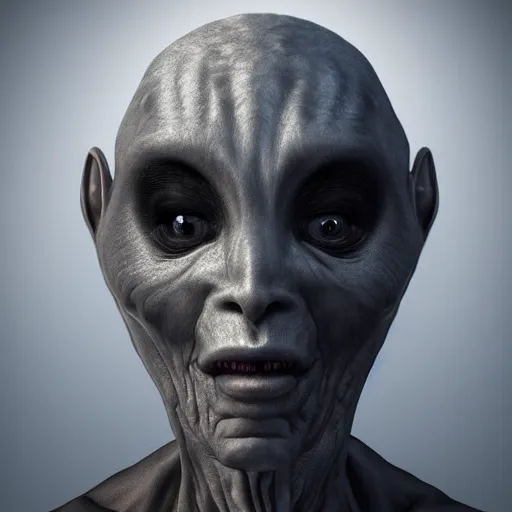 Image similar to photorealistic portrait of grey alien, big black eyes, complex lighting, highly detailed, 4 k