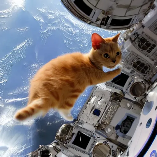 Image similar to Photo of a cat floating inside the International Space Station, realistic award-winning