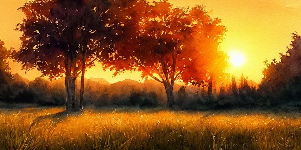 Image similar to golden hour nature landscape, watercolor, ultra realistic, highly detailed, hd, sharp focus, cinematic lighting, warm colors, realistic, photorealistic, vivid colors, painting, digital art, non blurry, sharp, artstation, smooth, illustration