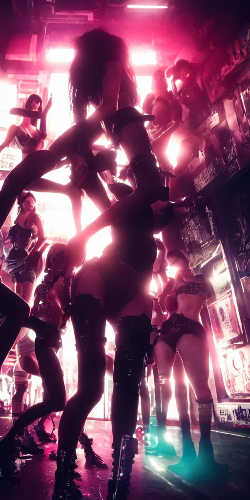 Image similar to epic highly detailed photo portrait of gang girl fight in cyberpunk night adult club, 3 5 mm, guns blasting, low angle, blade runner, akira, cinematic angle, cinematic lighting, reflections, action, battle