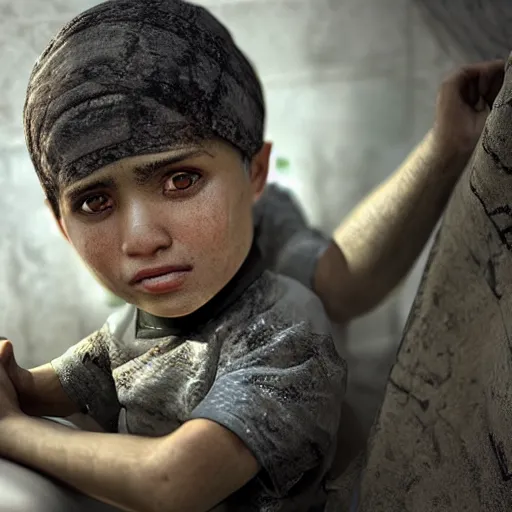 Image similar to palestina boys criend in mother tomb, extreme realistic image, unreal engine, hyperrealistic, very details, pulitzer award winner, extreme close up, photo by darwis triadi