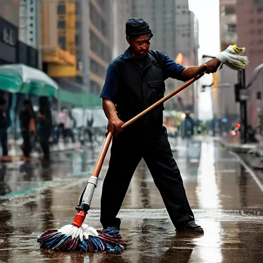 Image similar to closeup portrait of a cleaner with a mop fighting puddles in rainy new york street, by Steve McCurry and David Lazar, natural light, detailed face, CANON Eos C300, ƒ1.8, 35mm, 8K, medium-format print