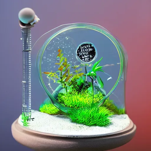 Image similar to a terrarium with nuclear reaction having meltdown diorama inside on top of a minimalist table, lit from the side