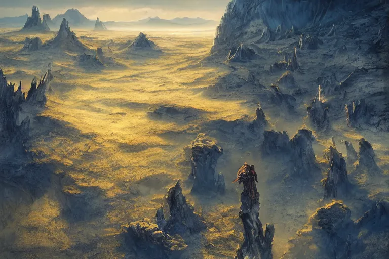 Image similar to high aerial shot, fantasy landscape, sunset lighting ominous shadows, cinematic fantasy painting, dungeons and dragons, barren dry land, desert valley of bones, sand dunes, cracked mud, dry river bed, rock outcroppings, one single autumn maple bonsai, by jessica rossier and brian froud and hr giger