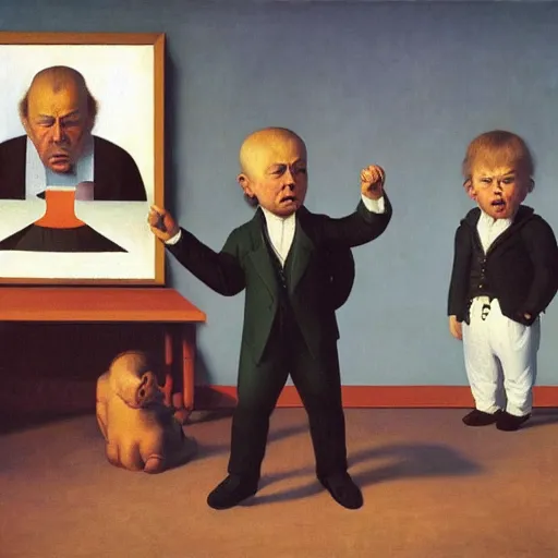 Image similar to a very funny looking father yelling at his children by Raphael, Hopper, and Rene Magritte. detailed, romantic, enchanting, trending on artstation.