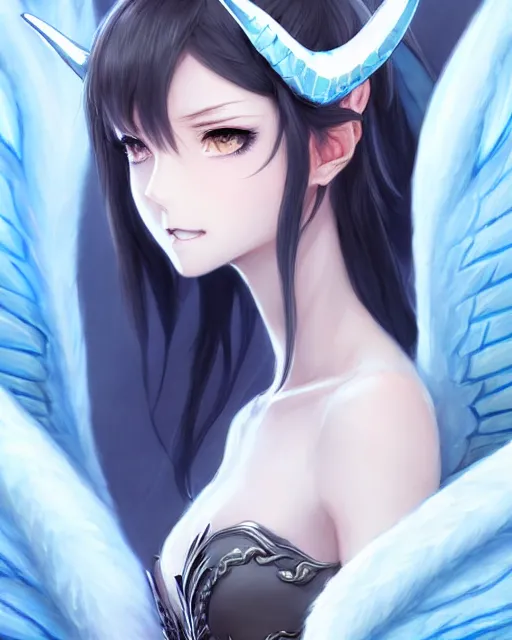 Image similar to character concept art of a woman with ice dragon horns and wings | | very anime, dragon scales, cute - fine - face, pretty face, realistic shaded perfect face, fine details by stanley artgerm lau, wlop, rossdraws, james jean, andrei riabovitchev, marc simonetti, and sakimichan, tranding on artstation