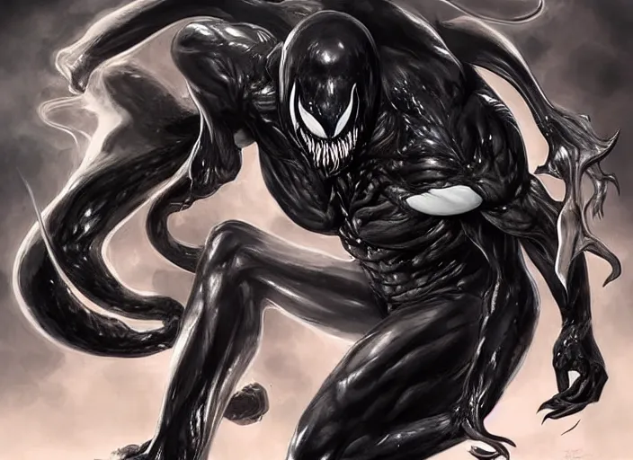 Image similar to artwork of venom by artgerm, amano yoshitaka, berkey john, bowater charlie