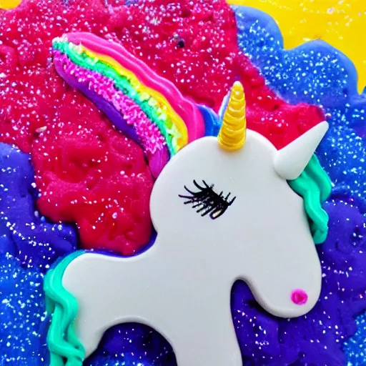 Image similar to a unicorn with sprinkles flowing around it