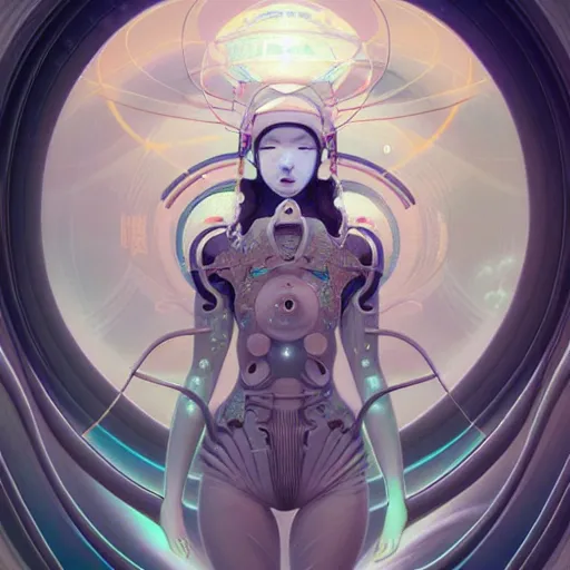 Image similar to Japanese beautiful celestial Goddess wearing a futuristic lush spacesuit exposed in cryo chambers by James Jean, rule of thirds, coherent symmetry, seductive look, intricate, elegant, highly detailed, centered, digital painting, artstation, concept art, smooth, sharp focus, illustration, by Peter Mohrbacher, WLOP