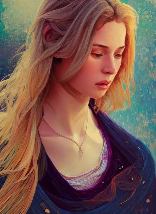 Prompt: handsome young women with shoulder length blonde hair, epic, half body shot, path traced, highly detailed, high quality, digital painting, alena aenami, lilia alvarado, shinji aramaki, karol bak, alphonse mucha, tom bagshaw