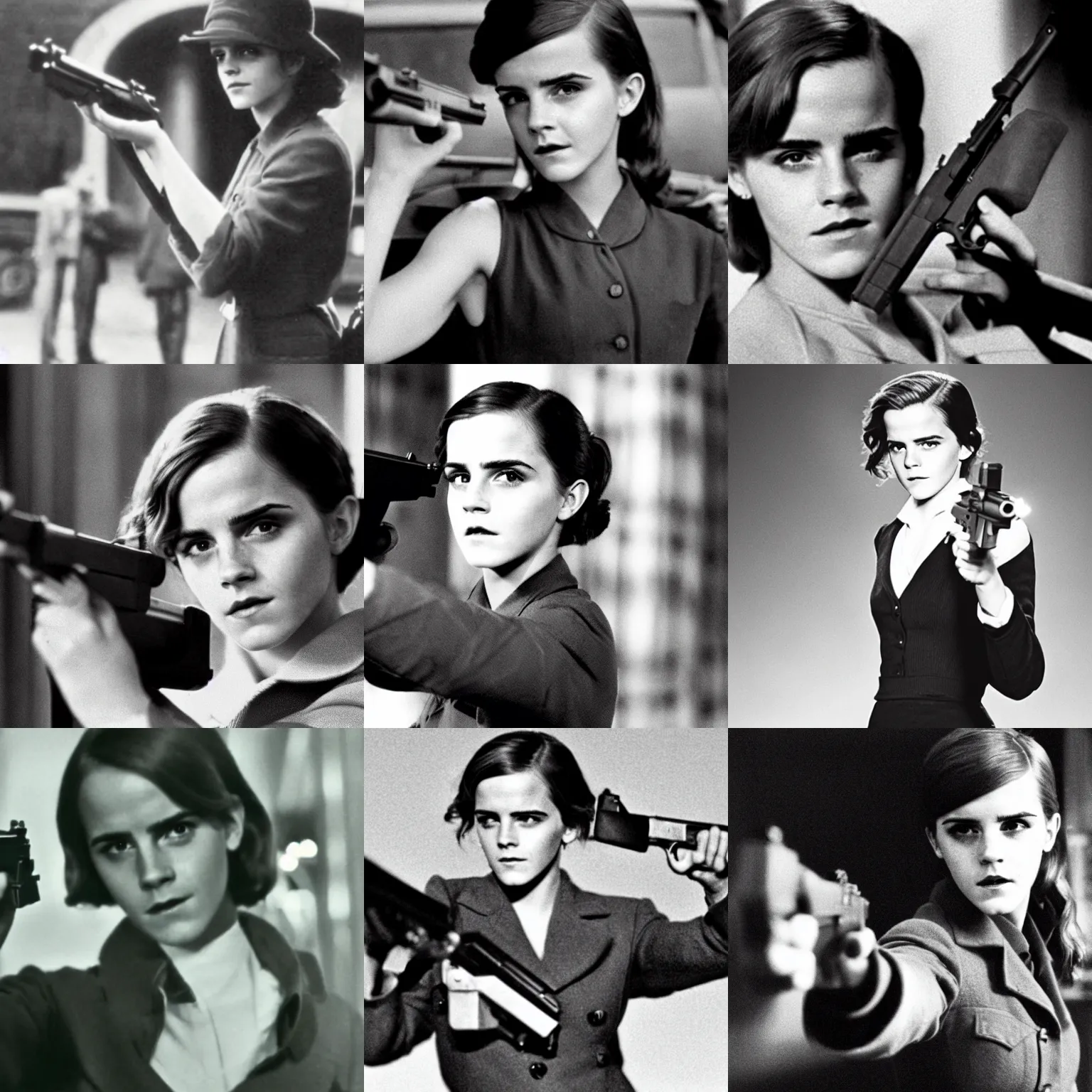 Prompt: secret agent emma watson holding a colt 1 9 1 1, movie still, film grain