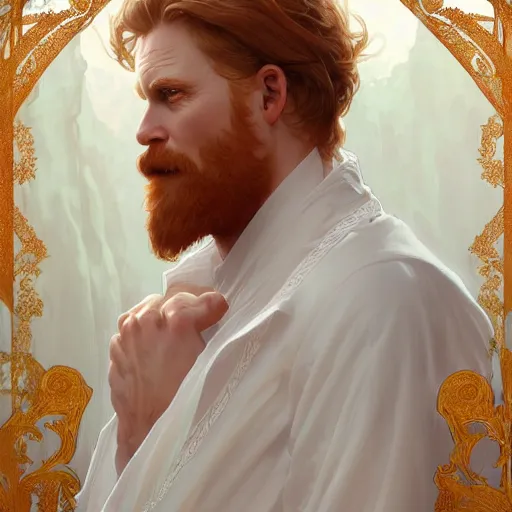 Prompt: beautiful natural middle aged male ginger god wearing a white perizoma, intricate, elegant, highly detailed, digital painting, artstation, concept art, smooth, sharp focus, illustration, art by artgerm and greg rutkowski and alphonse mucha and loish and WLOP