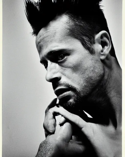 Image similar to Tyler Durden photographed by helmut newton, 1977, studio photography, award winning, cdx,