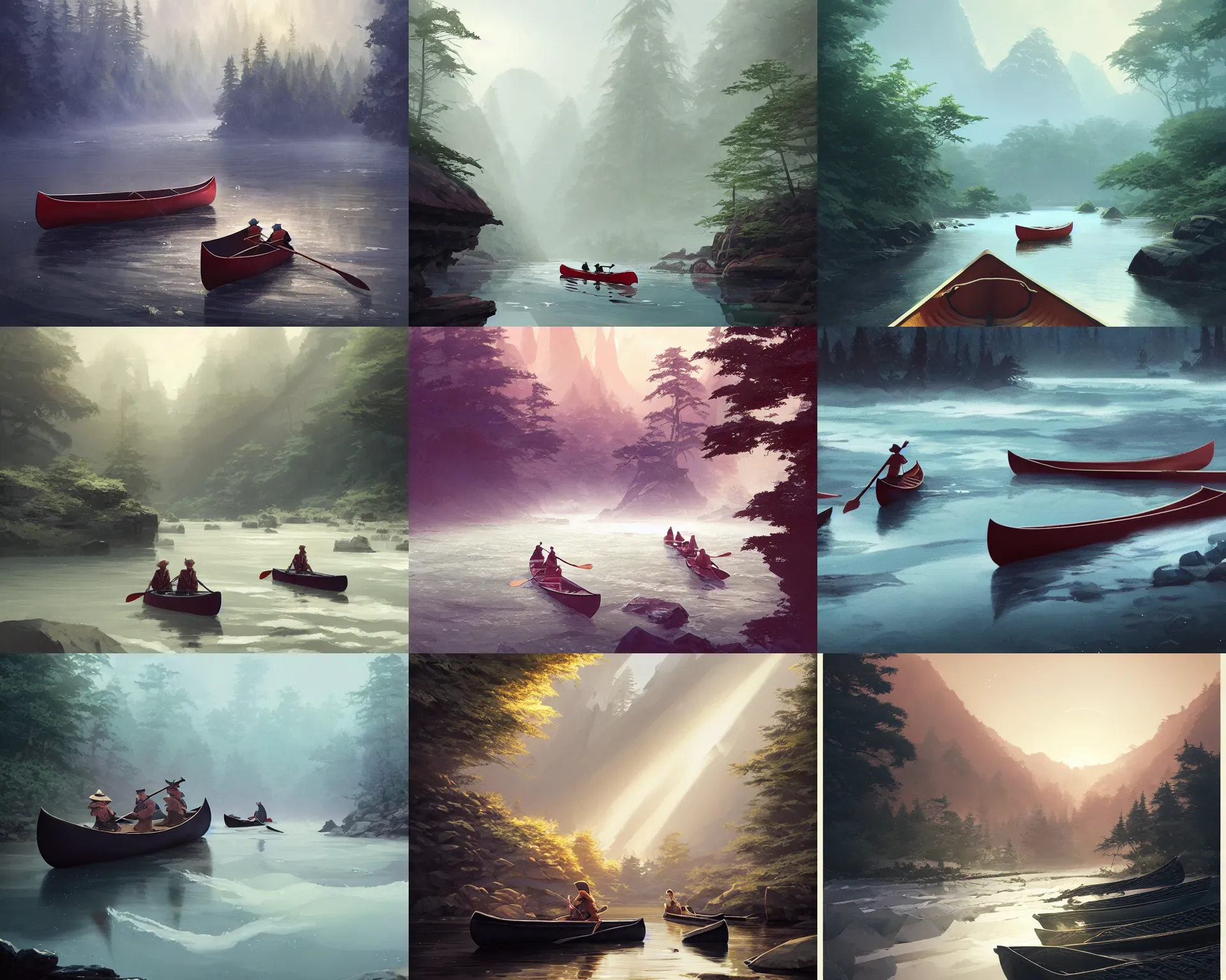Prompt: canoes on polygonal river rapids, light dust, magnificent, close up, details, sharp focus, elegant, highly detailed, illustration, by Jordan Grimmer and greg rutkowski and PiNe(パイネ) and 薯子Imoko and 香川悠作 and wlop and maya takamura, intricate, beautiful, Trending artstation, pixiv, digital Art