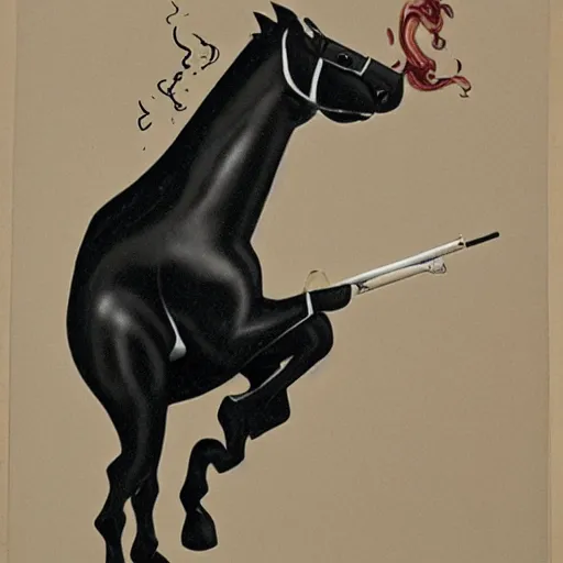 Image similar to an antropomorphic horse wearing a suit smoking a cigar