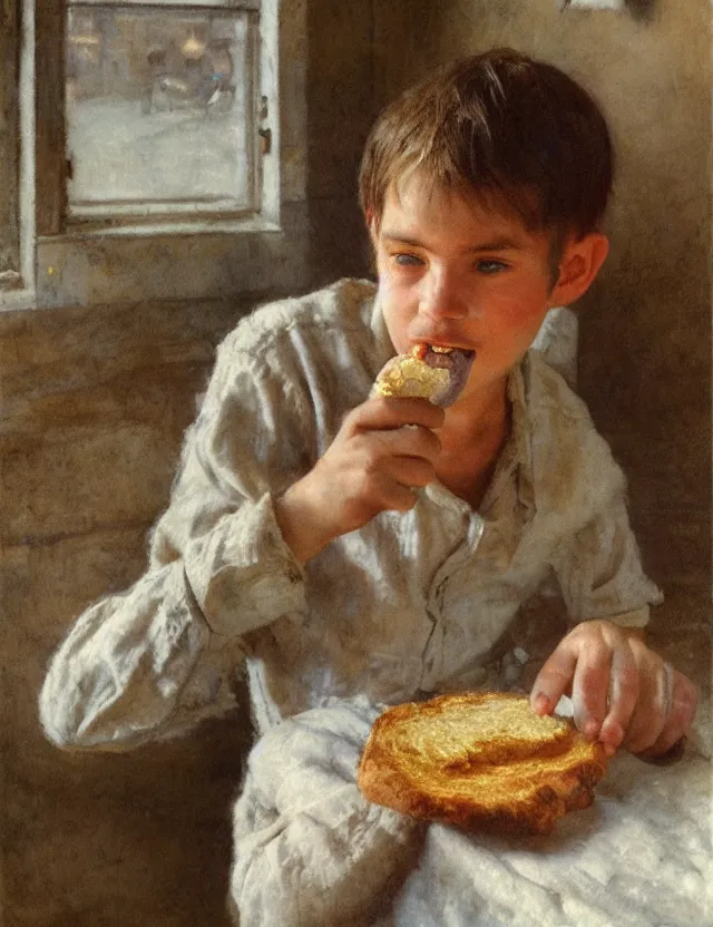 Image similar to portrait of peasant boy biting a bread, cottage core, cinematic focus, polaroid photo bleached vintage pastel colors high - key lighting, soft lights, foggy, by steve hanks, by lisa yuskavage, by serov valentin, by tarkovsky, detailed, oil on canvas