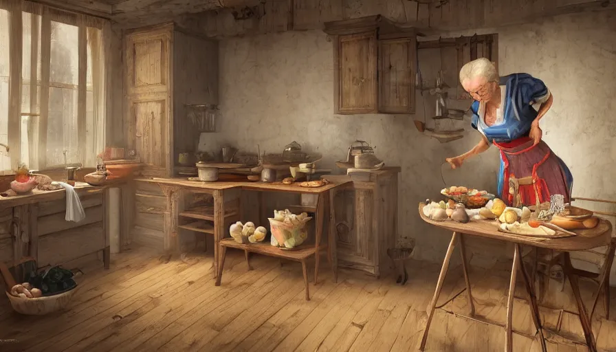Prompt: old polish lady cooking in an old kitchen, old 1 8 0 0's house, pan and plates, fruits and legumes, old wooden tables and chairs, hyperdetailed, artstation, cgsociety, 8 k