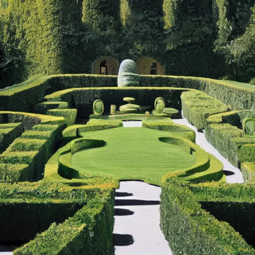 Image similar to giant Italian modern castle formal garden with a modern stainless steel organic shaped modern sculptureswith mirror finish by Tony Cragg, photo by Annie Leibovitz