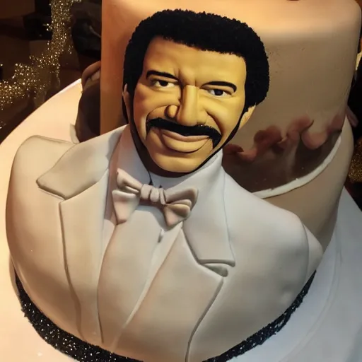 Prompt: lionel richie sculpture birthday cake at a care home