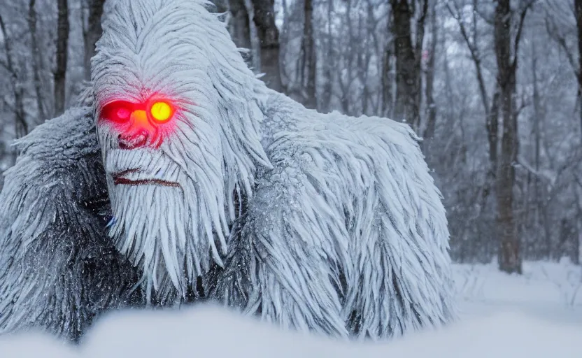 Prompt: hyperrealistic photograph of a yeti with glowing red eyes full body in snow covered woods