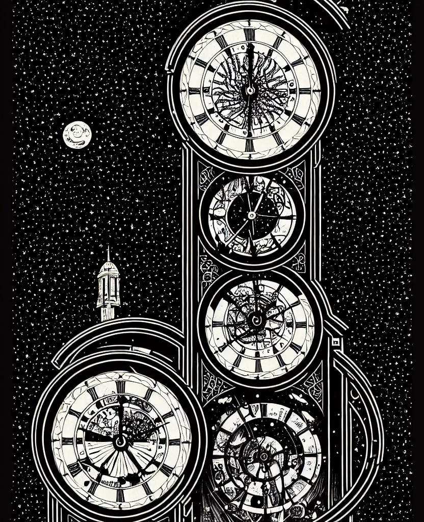 Image similar to majestic grandfather clock, round window looking out to the starry night sky, high details, intricately detailed, by vincent di fate, inking, 3 color screen print, masterpiece, trending on artstation,, sharp, details, hyper - detailed, hd, 4 k, 8 k