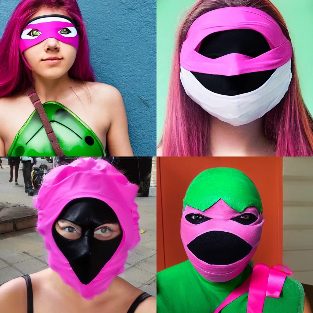 Prompt: female teenage mutant ninja turtle with pink mask