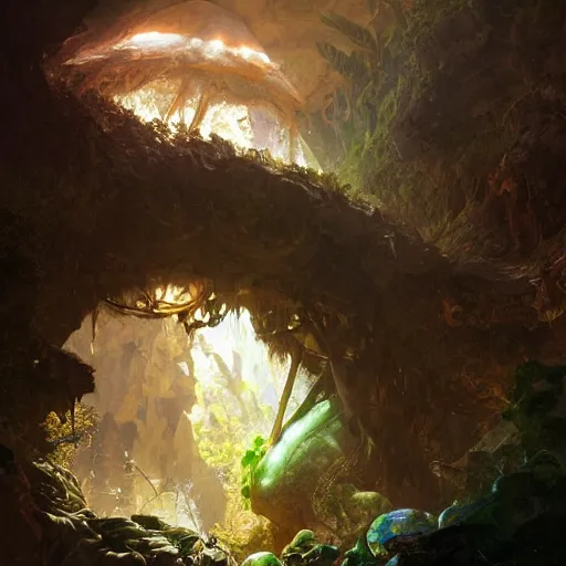 Prompt: A large acid dragon egg inside a tropical cave, fantasy art by greg rutkowski and alphonse mucha, highly detailed, digital painting, matte painting, concept art, illustration, oppressive lighting, trending on artstation, very detailed