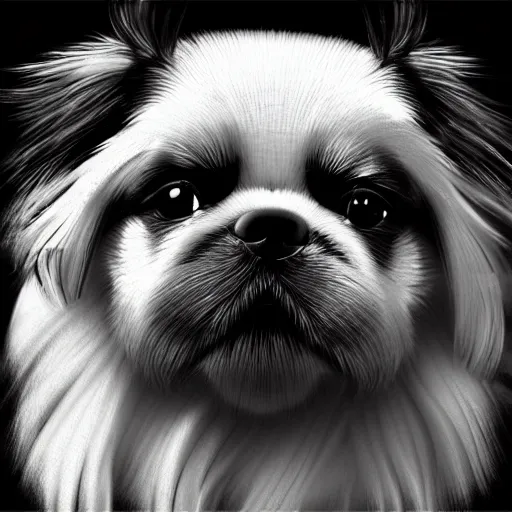 Prompt: A samurai pekingese dog, digital art, 8k, trending