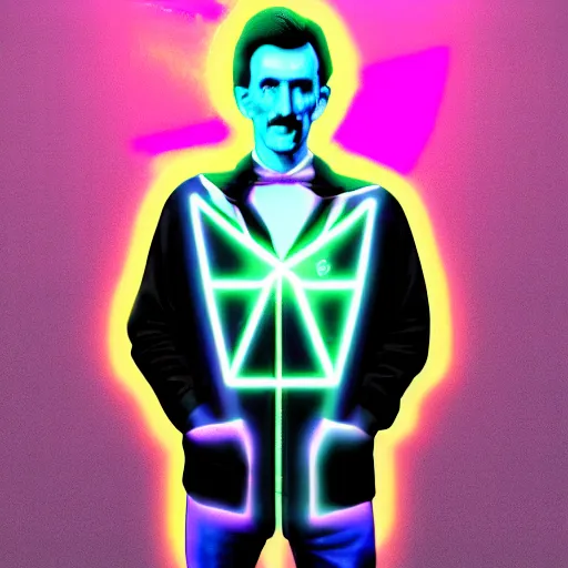 Image similar to nikola tesla in hoodie, portrait, vaporwave, synthwave, neon, vector graphics, cinematic, volumetric lighting, f 8 aperture, cinematic eastman 5 3 8 4 film, photorealistic