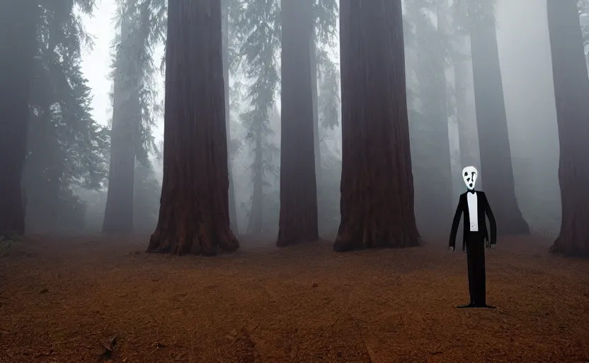 Prompt: 12 ft tall, faceless Slenderman wearing suit standing in the forest, redwood sequoia trees, ominous foggy environment, best of artstation