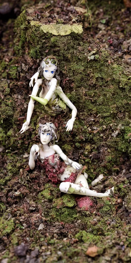 Prompt: plastic princess figure diorama in dirt and moss, secondhand, mcfarlane, cursed photography, middle shot by kazuma kaneko