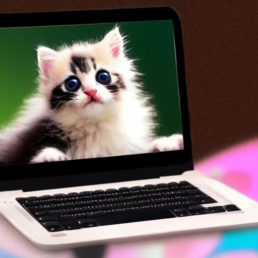 Prompt: hyper realistic photograph of cute fluffy kittens in a keyboard using a laptop with colorful emoticons floating in the air