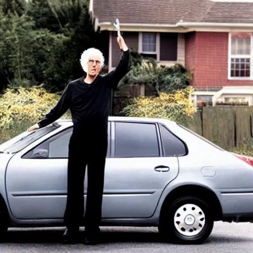 Prompt: larry david standing on top of prius, gothic portrait