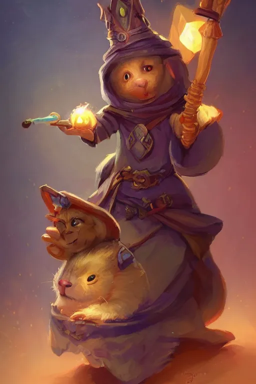 Image similar to cute little anthropomorphic Guinea Pig Mage, wielding a magic staff, tiny, small, short, Wizard robe, cute and adorable, pretty, beautiful, DnD character art portrait, matte fantasy painting, DeviantArt Artstation, by Jason Felix by Steve Argyle by Tyler Jacobson by Peter Mohrbacher, cinematic lighting