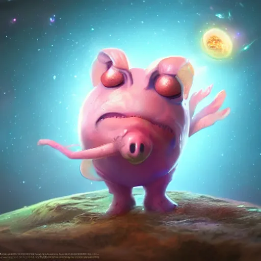 Image similar to 3D Fantasy Cute and adorable alien piggy in space, bright stars, Smooth 3D Illustration, soft render, Servando Lupini, Daniil Kudriavtsev, handpaint texture, Blender, 3DCoat